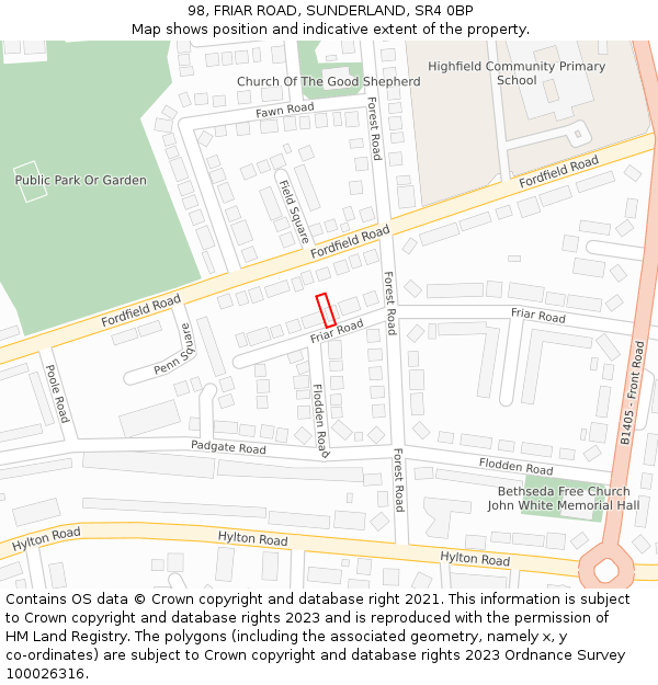 98, FRIAR ROAD, SUNDERLAND, SR4 0BP: Location map and indicative extent of plot