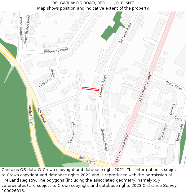 98, GARLANDS ROAD, REDHILL, RH1 6NZ: Location map and indicative extent of plot