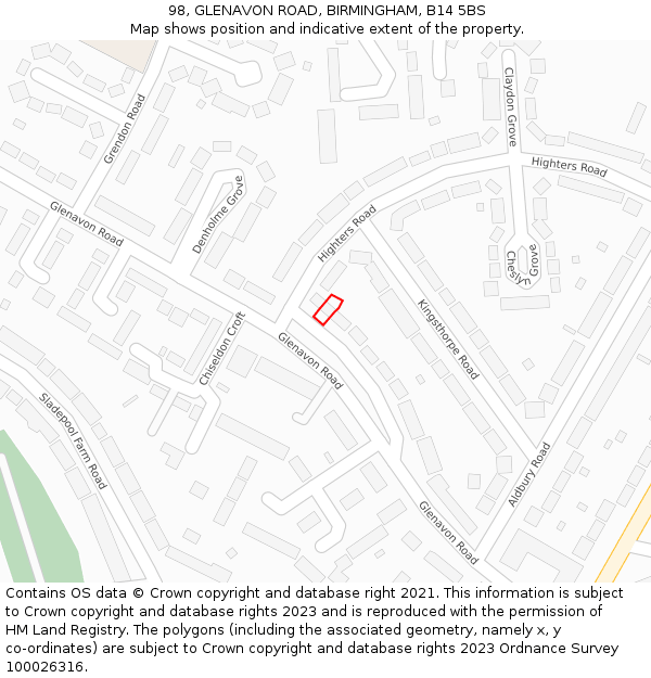 98, GLENAVON ROAD, BIRMINGHAM, B14 5BS: Location map and indicative extent of plot