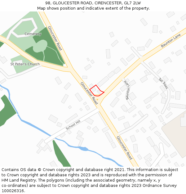 98, GLOUCESTER ROAD, CIRENCESTER, GL7 2LW: Location map and indicative extent of plot