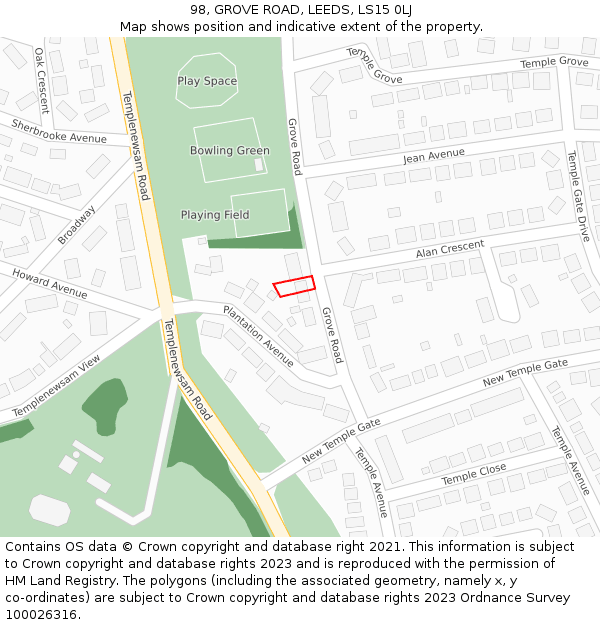 98, GROVE ROAD, LEEDS, LS15 0LJ: Location map and indicative extent of plot