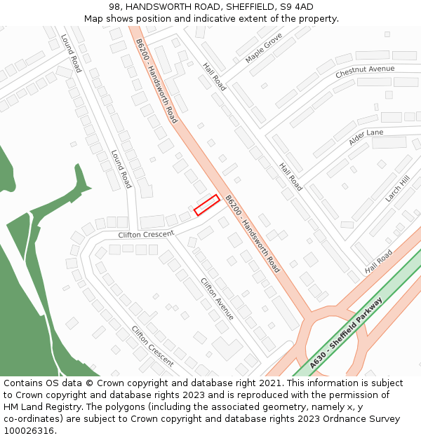 98, HANDSWORTH ROAD, SHEFFIELD, S9 4AD: Location map and indicative extent of plot