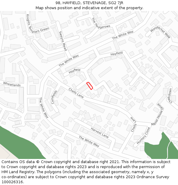 98, HAYFIELD, STEVENAGE, SG2 7JR: Location map and indicative extent of plot