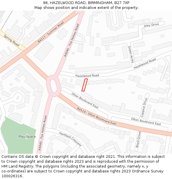 98, HAZELWOOD ROAD, BIRMINGHAM, B27 7XP: Location map and indicative extent of plot