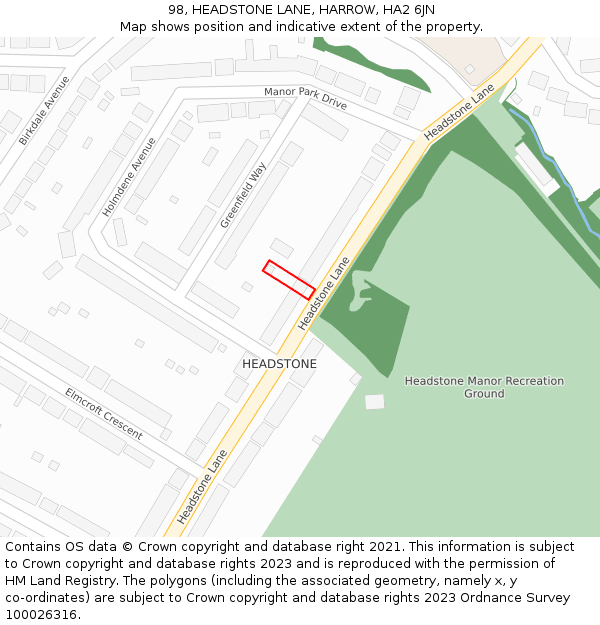 98, HEADSTONE LANE, HARROW, HA2 6JN: Location map and indicative extent of plot