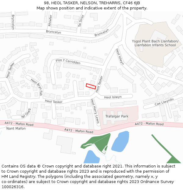 98, HEOL TASKER, NELSON, TREHARRIS, CF46 6JB: Location map and indicative extent of plot