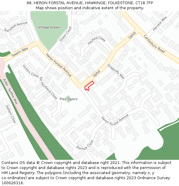 98, HERON FORSTAL AVENUE, HAWKINGE, FOLKESTONE, CT18 7FP: Location map and indicative extent of plot