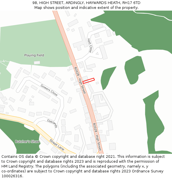 98, HIGH STREET, ARDINGLY, HAYWARDS HEATH, RH17 6TD: Location map and indicative extent of plot