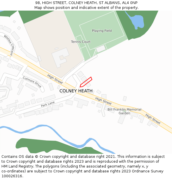 98, HIGH STREET, COLNEY HEATH, ST ALBANS, AL4 0NP: Location map and indicative extent of plot