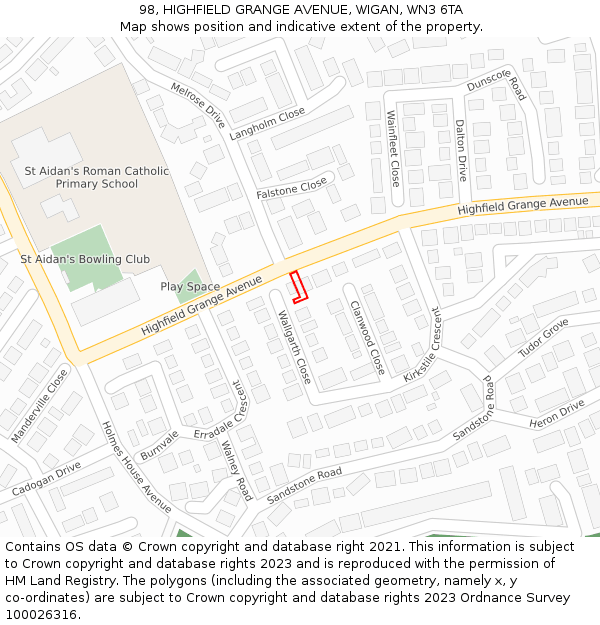 98, HIGHFIELD GRANGE AVENUE, WIGAN, WN3 6TA: Location map and indicative extent of plot