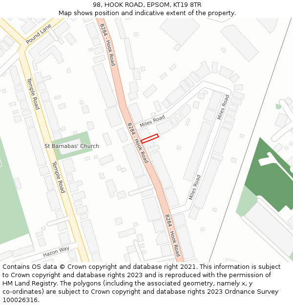 98, HOOK ROAD, EPSOM, KT19 8TR: Location map and indicative extent of plot