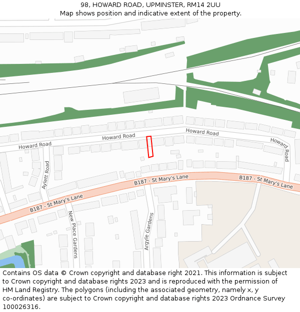 98, HOWARD ROAD, UPMINSTER, RM14 2UU: Location map and indicative extent of plot