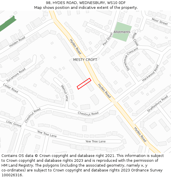 98, HYDES ROAD, WEDNESBURY, WS10 0DF: Location map and indicative extent of plot