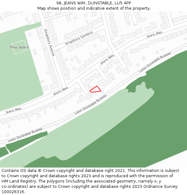 98, JEANS WAY, DUNSTABLE, LU5 4PP: Location map and indicative extent of plot