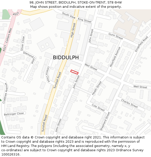 98, JOHN STREET, BIDDULPH, STOKE-ON-TRENT, ST8 6HW: Location map and indicative extent of plot