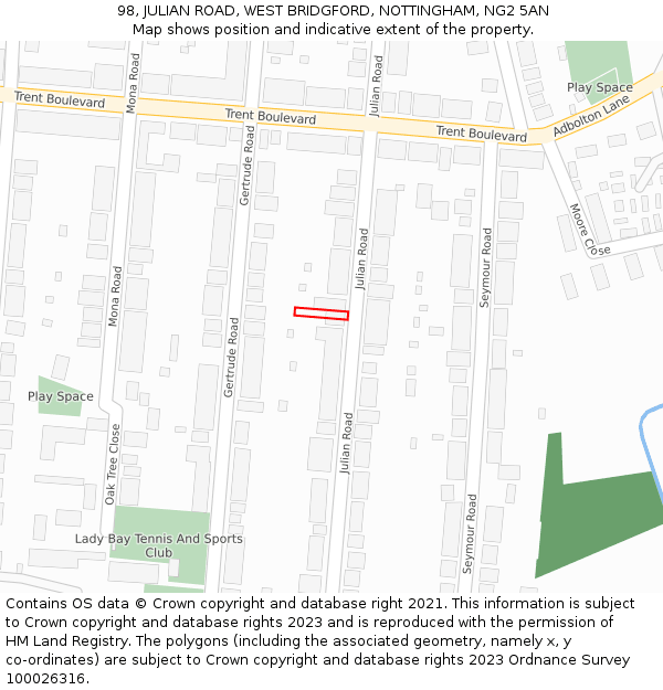 98, JULIAN ROAD, WEST BRIDGFORD, NOTTINGHAM, NG2 5AN: Location map and indicative extent of plot