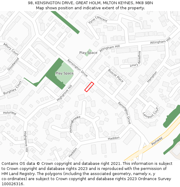 98, KENSINGTON DRIVE, GREAT HOLM, MILTON KEYNES, MK8 9BN: Location map and indicative extent of plot