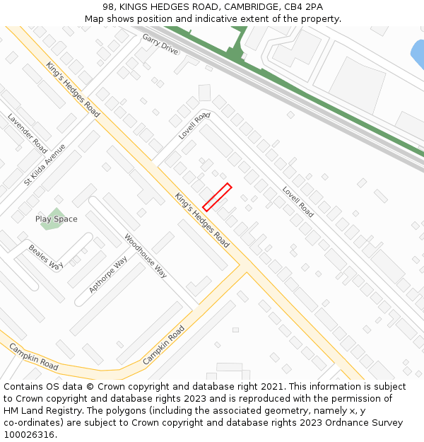 98, KINGS HEDGES ROAD, CAMBRIDGE, CB4 2PA: Location map and indicative extent of plot