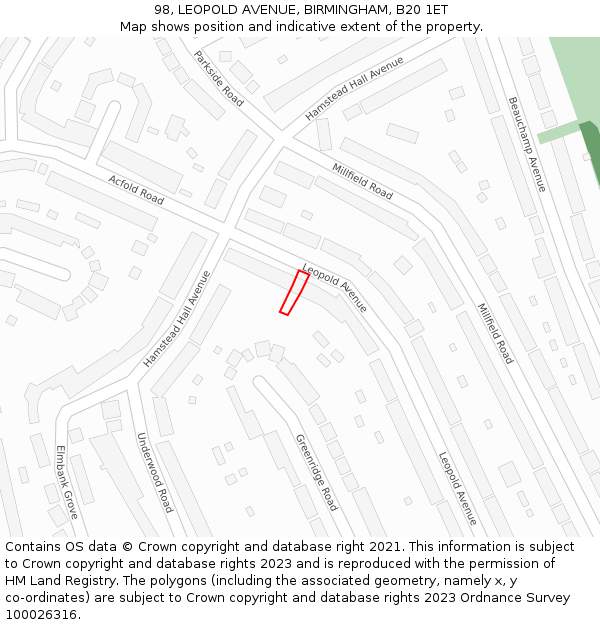 98, LEOPOLD AVENUE, BIRMINGHAM, B20 1ET: Location map and indicative extent of plot