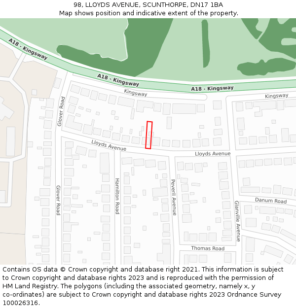 98, LLOYDS AVENUE, SCUNTHORPE, DN17 1BA: Location map and indicative extent of plot