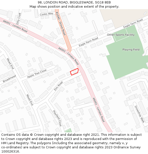 98, LONDON ROAD, BIGGLESWADE, SG18 8EB: Location map and indicative extent of plot