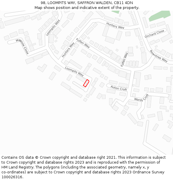 98, LOOMPITS WAY, SAFFRON WALDEN, CB11 4DN: Location map and indicative extent of plot