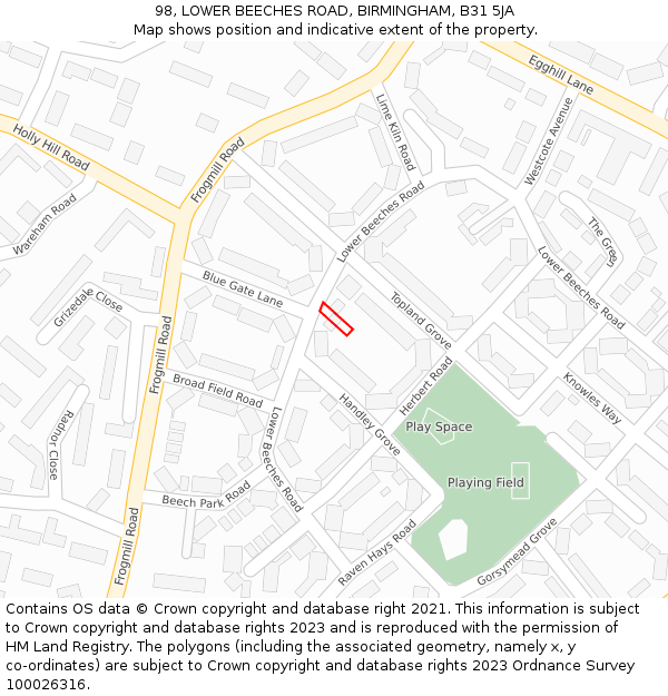 98, LOWER BEECHES ROAD, BIRMINGHAM, B31 5JA: Location map and indicative extent of plot