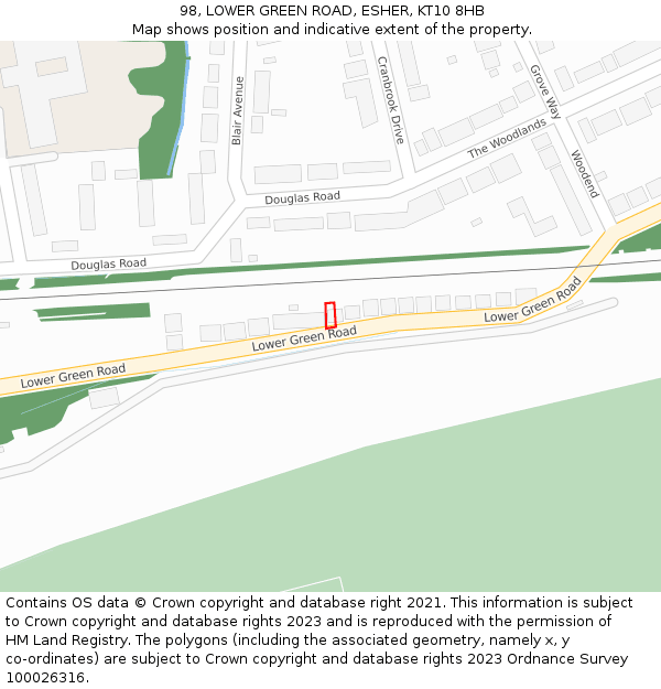 98, LOWER GREEN ROAD, ESHER, KT10 8HB: Location map and indicative extent of plot