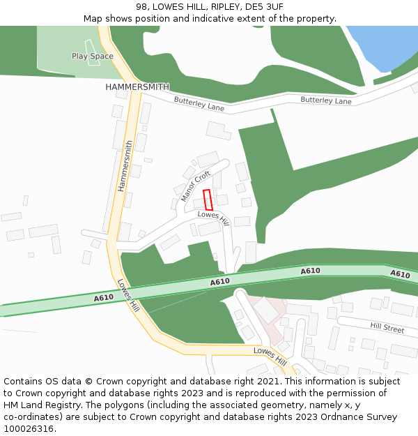 98, LOWES HILL, RIPLEY, DE5 3UF: Location map and indicative extent of plot