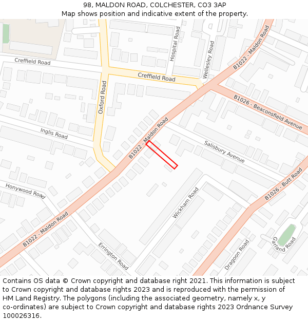 98, MALDON ROAD, COLCHESTER, CO3 3AP: Location map and indicative extent of plot