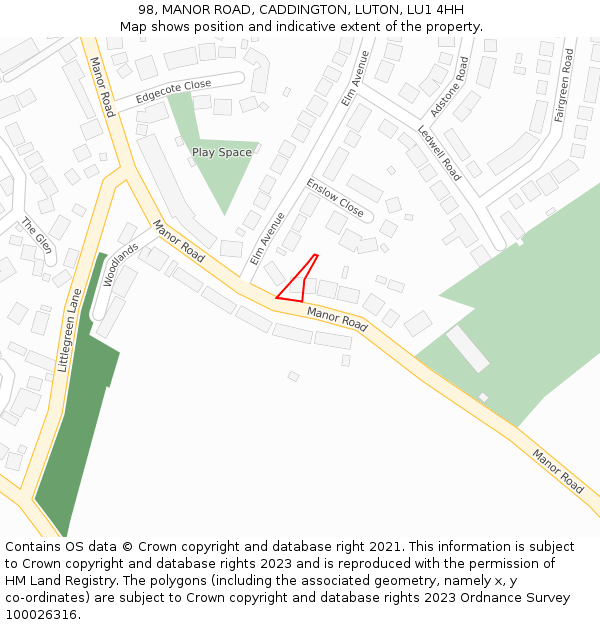 98, MANOR ROAD, CADDINGTON, LUTON, LU1 4HH: Location map and indicative extent of plot