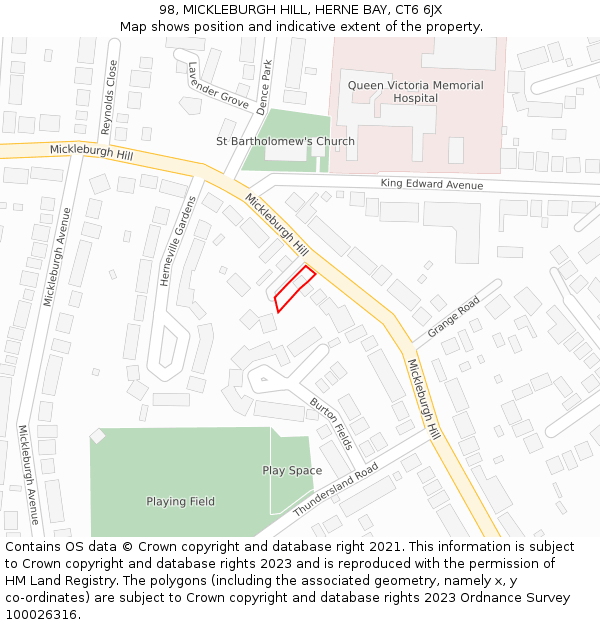 98, MICKLEBURGH HILL, HERNE BAY, CT6 6JX: Location map and indicative extent of plot