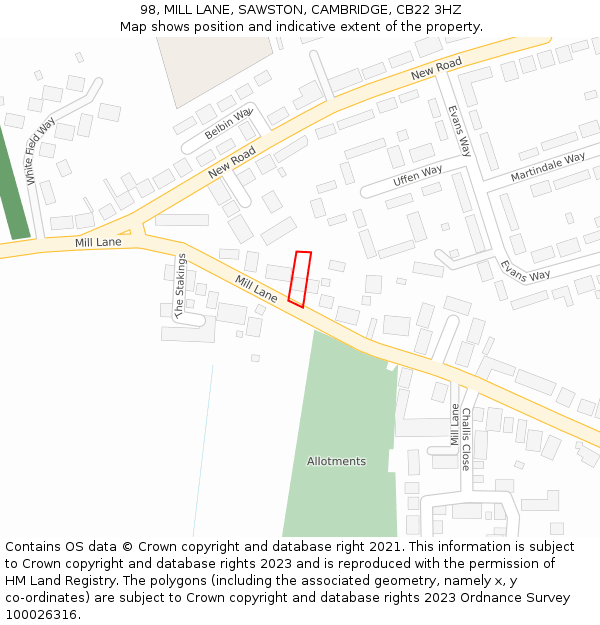 98, MILL LANE, SAWSTON, CAMBRIDGE, CB22 3HZ: Location map and indicative extent of plot