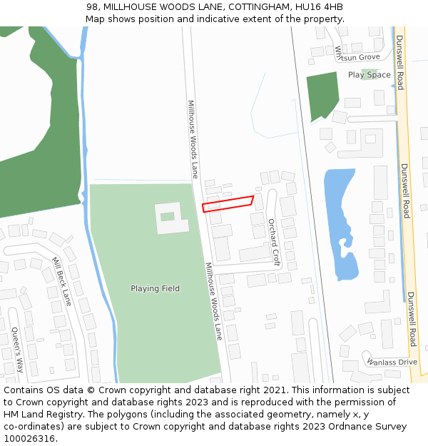 98, MILLHOUSE WOODS LANE, COTTINGHAM, HU16 4HB: Location map and indicative extent of plot