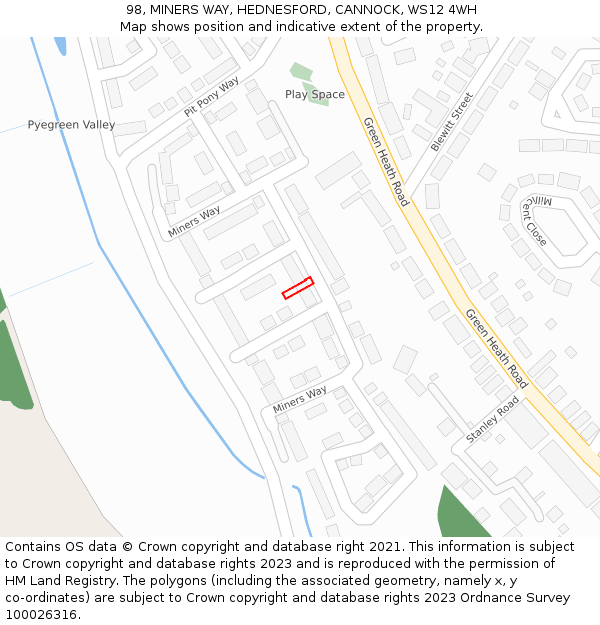 98, MINERS WAY, HEDNESFORD, CANNOCK, WS12 4WH: Location map and indicative extent of plot