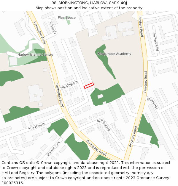 98, MORNINGTONS, HARLOW, CM19 4QJ: Location map and indicative extent of plot