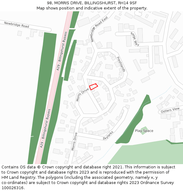 98, MORRIS DRIVE, BILLINGSHURST, RH14 9SF: Location map and indicative extent of plot