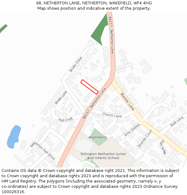 98, NETHERTON LANE, NETHERTON, WAKEFIELD, WF4 4HG: Location map and indicative extent of plot