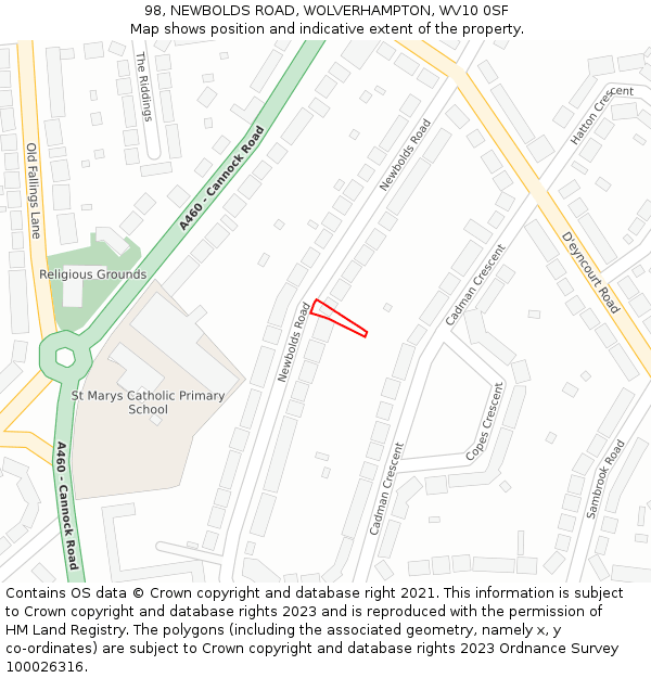 98, NEWBOLDS ROAD, WOLVERHAMPTON, WV10 0SF: Location map and indicative extent of plot