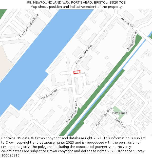 98, NEWFOUNDLAND WAY, PORTISHEAD, BRISTOL, BS20 7QE: Location map and indicative extent of plot