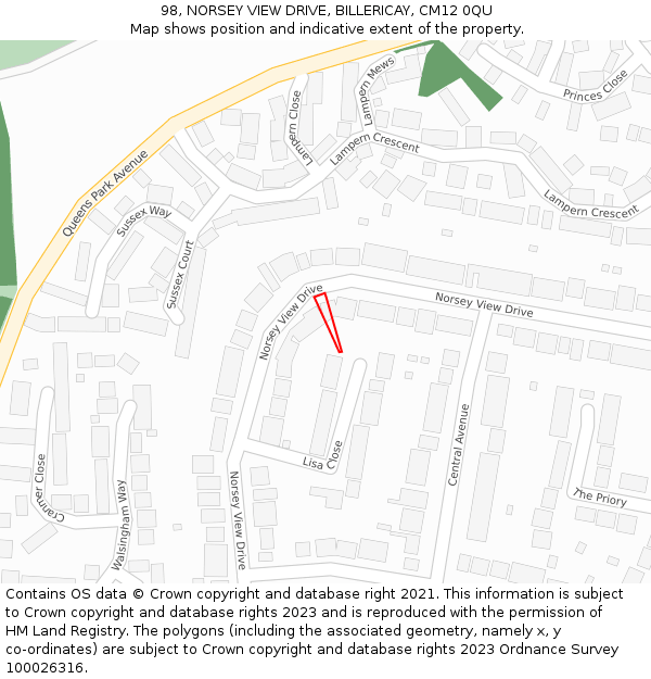 98, NORSEY VIEW DRIVE, BILLERICAY, CM12 0QU: Location map and indicative extent of plot