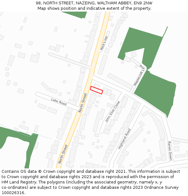 98, NORTH STREET, NAZEING, WALTHAM ABBEY, EN9 2NW: Location map and indicative extent of plot