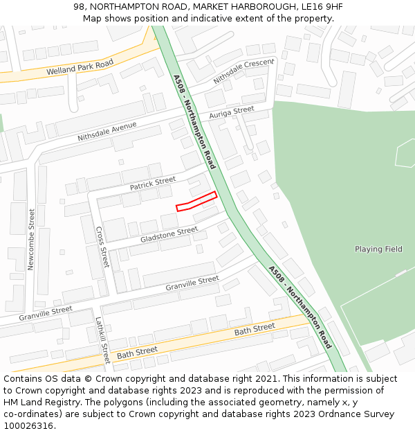 98, NORTHAMPTON ROAD, MARKET HARBOROUGH, LE16 9HF: Location map and indicative extent of plot