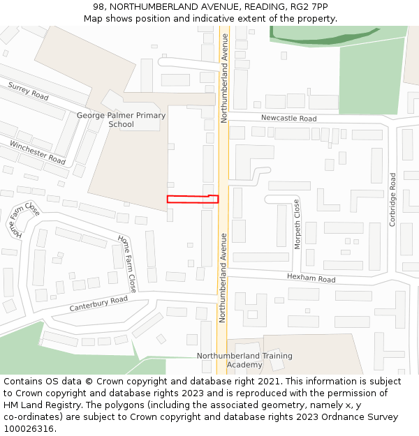 98, NORTHUMBERLAND AVENUE, READING, RG2 7PP: Location map and indicative extent of plot