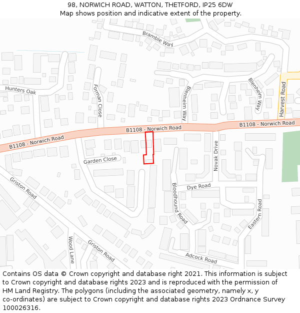 98, NORWICH ROAD, WATTON, THETFORD, IP25 6DW: Location map and indicative extent of plot