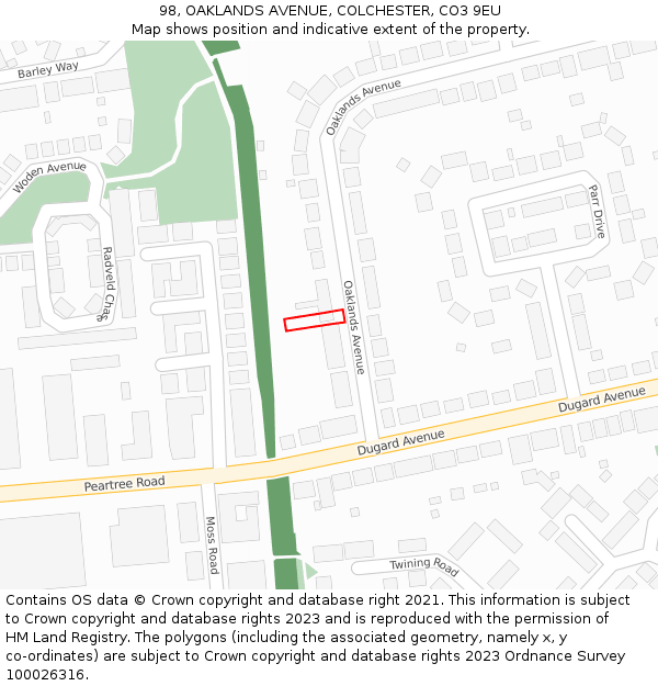 98, OAKLANDS AVENUE, COLCHESTER, CO3 9EU: Location map and indicative extent of plot