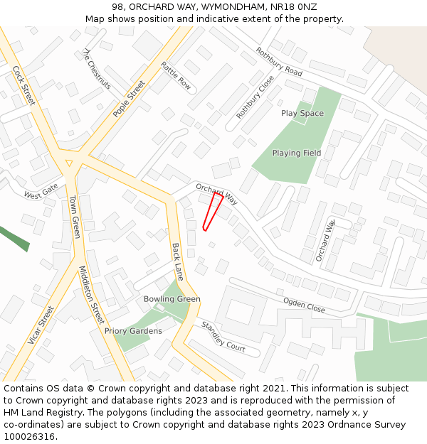 98, ORCHARD WAY, WYMONDHAM, NR18 0NZ: Location map and indicative extent of plot