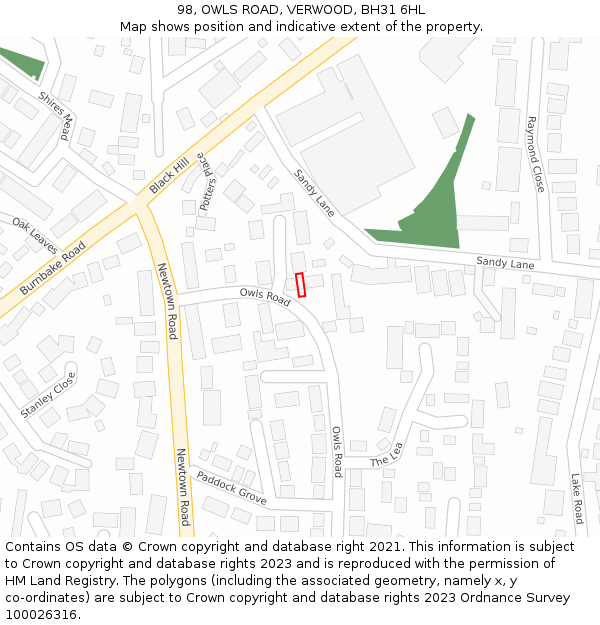 98, OWLS ROAD, VERWOOD, BH31 6HL: Location map and indicative extent of plot