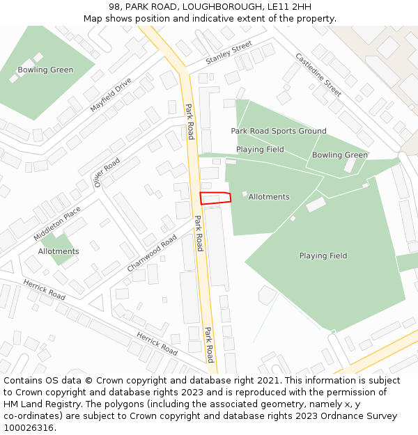 98, PARK ROAD, LOUGHBOROUGH, LE11 2HH: Location map and indicative extent of plot