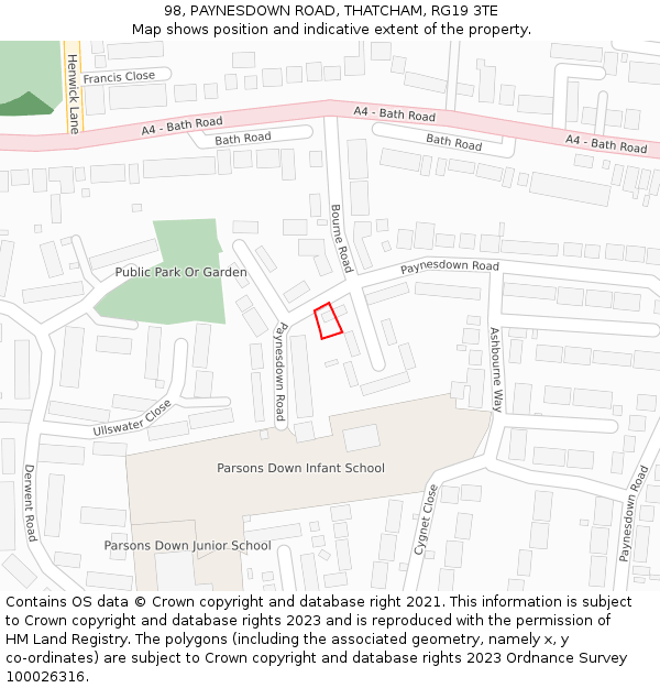 98, PAYNESDOWN ROAD, THATCHAM, RG19 3TE: Location map and indicative extent of plot